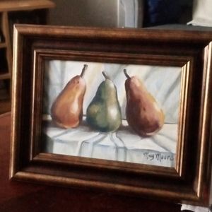 New Original Acrylic Painting "Three Pears" 5" x 7" plus frame. Green, warm gold